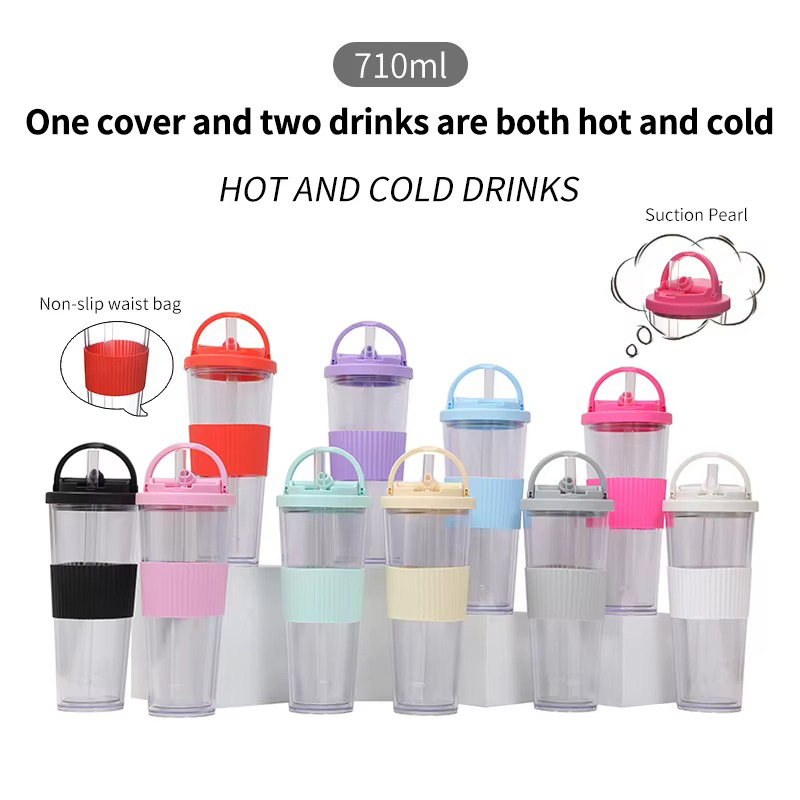 Double Layer Large Straws Plastic Tumbler