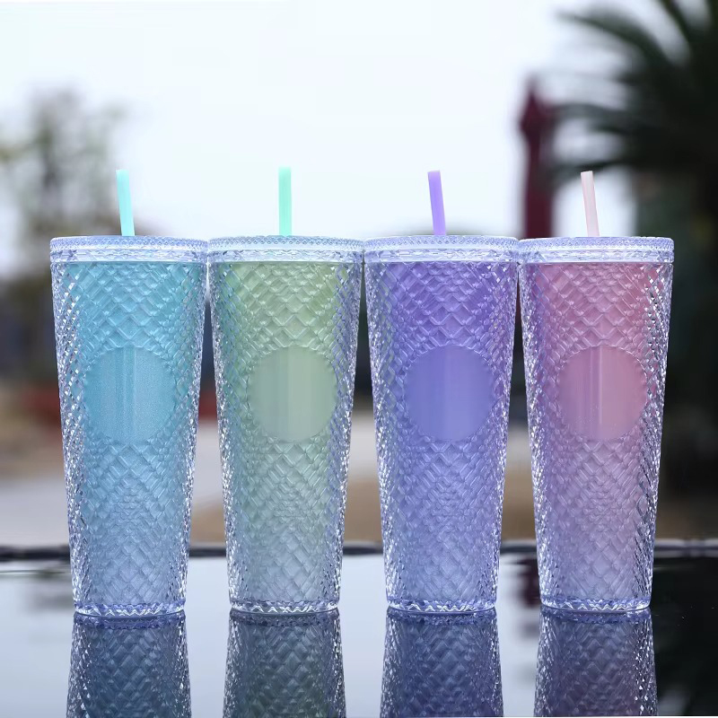 Gemstones Inlay Texture Double Layer Plastic Tumbler